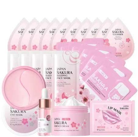 Set perawatan kulit sakura 24 pcs, termasuk masker mata, masker bibir, serum, masker wajah natural, pembersih wajah, toner, dan krim serum, memiliki efek melembapkan, membuat kulit halus, dan menutris