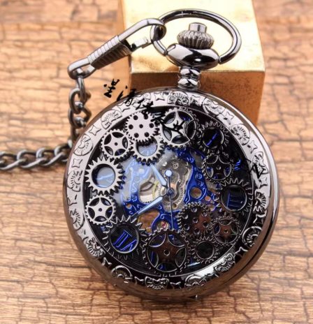 10 buah/set jam saku mekanik roda gigi hitam berongga, lengkap dengan rantai, gaya steampunk untuk pria, cocok sebagai hadiah