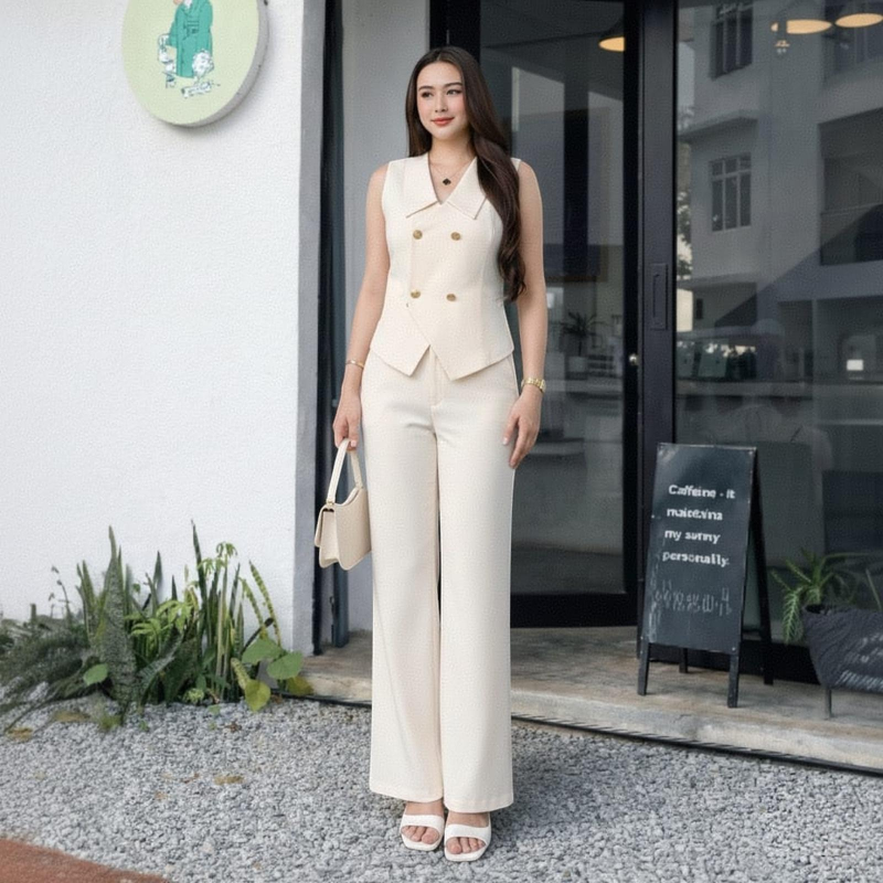 Kylie Oneset Vest&Cutbray_Terjual Terpisah Pinggang Karet_Celana Atasan Setelan Wanita - HITAM ONE-SET, M (BB 38-47KG)