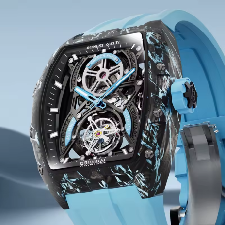 Jam tangan pria mewah BONEST GATTI 2025 model baru, jam tangan otomatis tourbillon skeleton, casing karbon serat dengan efek cahaya malam (luminous), desain berbentuk barrel (tonneau).