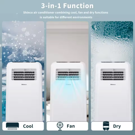 Hinco 8000 BTU AC Portabel - 3-in-1 Pendinginan / Pengeringan / Kipas, Cocok untuk Ruangan Hingga 350 Kaki Persegi, Dilengkapi dengan Remote dan Timer 24 Jam