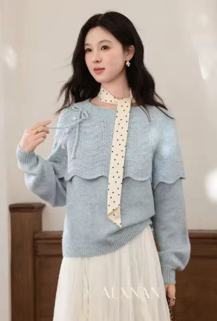 ALXNAN Plus Size Blue Sweater, Women's 2026 New Long Sleeve Knitted Pullover, Casual Elegant Loose Fashion Pullover, Women's D61001.