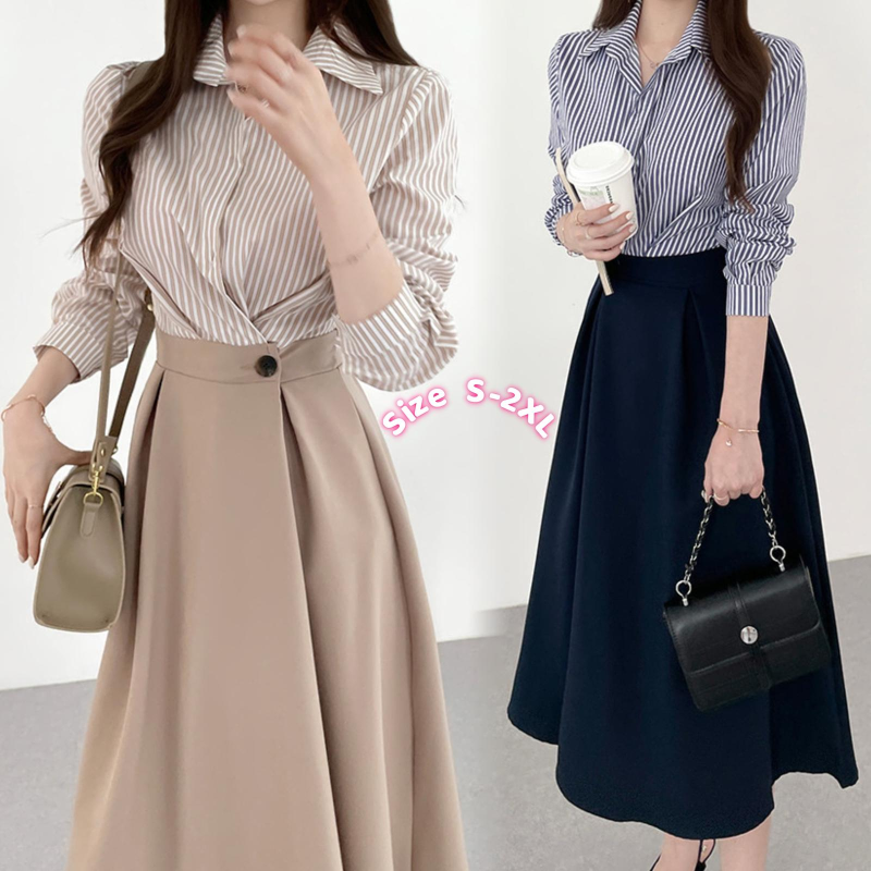 99171 Kerah POLO elegan garis-garis warna kontras jahitan palsu dua potong pinggang satu kancing lengan panjang gaun - 99171-blue, S