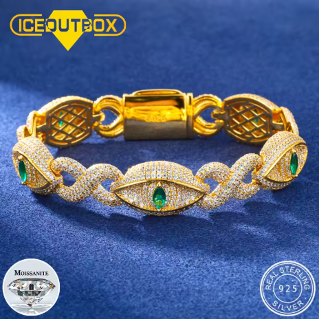 Gelang rantai gaya hip-hop uniseks dengan kilau moissanite bertatah (bling), desain mata iblis dan simbol tak terbatas, rantai Kuba dari perak murni S925, aksesori gaya rapper.