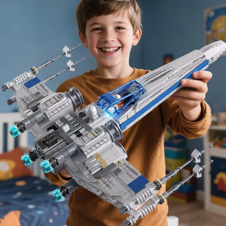Set Balok Bangunan Pesawat Tempur Luar Angkasa X-Wing TOYLINX dengan Lampu LED, Mainan Rakitan Pesawat Mekanis, Termasuk Pilot, Hadiah