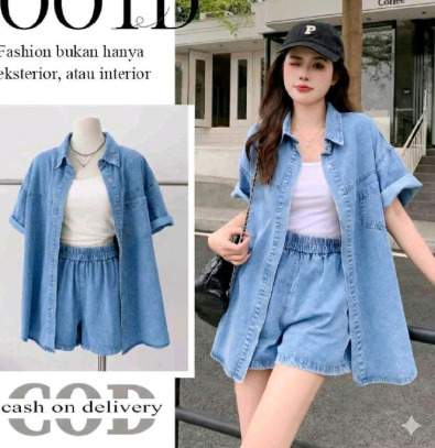 Elviza Setelan Oversize Wanita Kemeja Denim Retro Casual