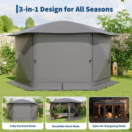Gazebo Pop-Up 13 Kaki, Tenda Payung Outdoor Enam Sisi dengan Jaring Nyamuk, Atap yang Dapat Dilepas, dan Dinding Samping Tahan Angin, Cocok untuk Berkemah di Halaman Belakang