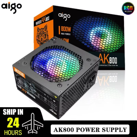 Aigo AK PC PSU Adaptor Daya, 500W / 600W / 700W / 800W / 1000W, power supply untuk gaming, dilengkapi fan RGB 120mm, 220V, ATX, untuk desktop PC dan BTC mining.