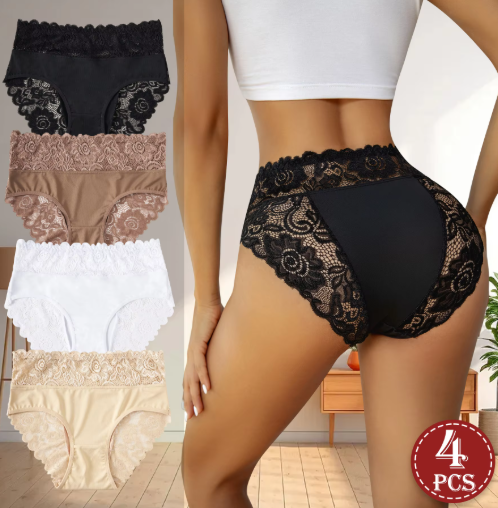 Set 4 Pcs Pakaian Dalam Wanita, Model Pinggang Tinggi Warna Solid, Dilengkapi dengan Renda Elegan dan Padu Padan Motif Bunga, Celana Dalam Triangular Nyaman untuk Penggunaan Sehari-hari.