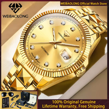 Veebalron 3802 Jam Tangan Pria Berlian Asli, Mesin Swiss, Jam Tangan Mekanis Otomatis, Casing Tungsten Mewah Berwarna Emas, Jam Tangan Pria Hadiah