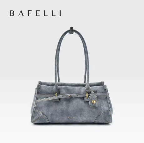 Bafeili SS26 Tas Tote Kulit Asli – Tas Selempang Wanita dengan Denim Boston Bag, Tas Tangan Dua Fungsi untuk Komuter.