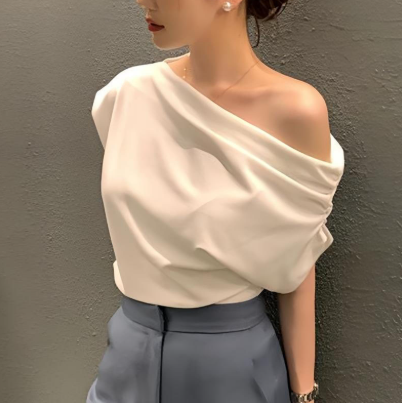 Rapikistore #2684 Desain off-shoulder tidak beraturan / Pullover warna solid lengan pendek T-shirt / T-shirt off-shoulder wanita - white, S