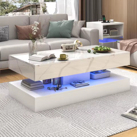 Meja kopi modern bergaya fashion, dilengkapi lampu LED, desain dua tingkat (double layer), cocok untuk ruang tamu, dengan 2 laci penyimpanan.