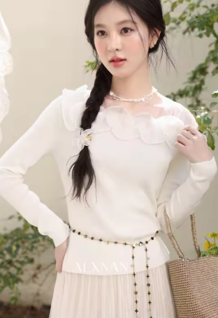ALXNAN Sweater Lengan Panjang, Kerah Ruffle Jaring, Sweater Wanita Elegan, Atasan Rajut Santai Slim Fit, Tanpa Aksesori, Model L61315.