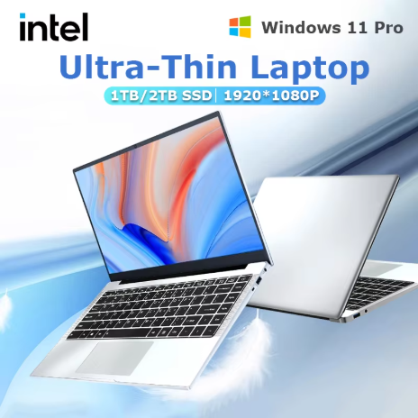 Laptop Windows 11 Professional 14,1 inci super tipis, prosesor Intel Atom A3950, RAM 12GB, HDD 1TB + SSD 2TB, layar Full HD 1080P, laptop multifungsi untuk kerja dan belajar.