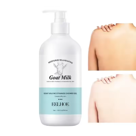 Sabun mandi susu kambing 500 ml dengan niacinamide, membersihkan tubuh, mengeksfoliasi kulit, mencerahkan dan melembapkan, serta membantu mengontrol produksi melanin.