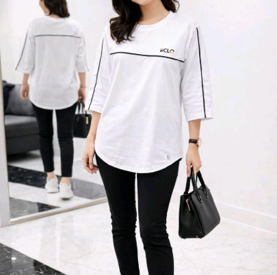ECLO Kaos Wanita 7/8 Katun Combad 24s Simple Is Easy - strip denim, M