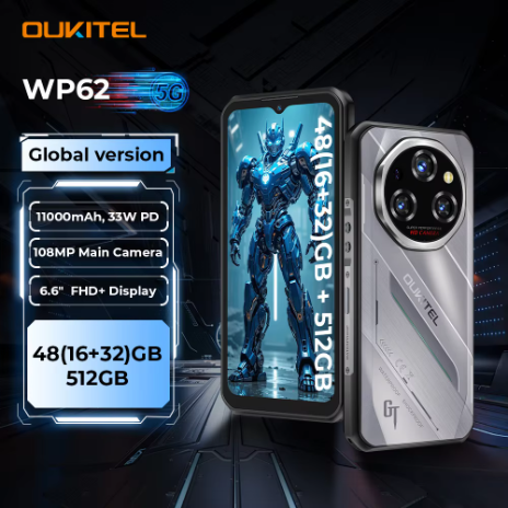 Smartphone tangguh OUKITEL WP62 5G, ponsel anti air/anti debu/anti benturan (rugged), RAM 48GB (16GB + 32GB) + ROM 512GB, layar 6,6 inci FHD+, kamera 108MP, baterai 11000mAh, pengisian cepat 33W, sist