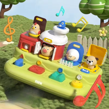 Mainan musik anak bertema peternakan (farm), permainan “petak umpet” pop-up, mainan edukasi Montessori untuk pembelajaran dini, mainan interaktif edukatif, hadiah ulang tahun untuk anak-anak.