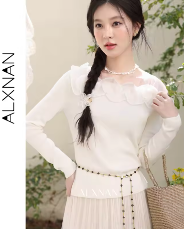 ALXNAN Long Sleeve Pullover, Mesh Ruffle Collar, Elegant Women's Sweater, Slim Fit Casual Knitted Top, No Accessories, Model L61315.