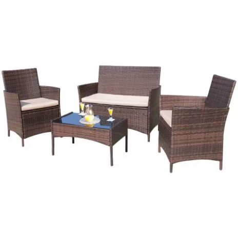 Set furnitur luar ruangan 4 buah, kursi rotan dan kombinasi anyaman, cocok untuk halaman belakang, teras, taman, tepi kolam renang, balkon, dan tempat lainnya (warna cokelat dan krem).