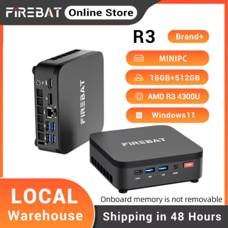 FIREBAT R3 Mini Komputer, Prosesor AMD Ryzen 3 4300U, Memori LPDDR4 16GB, SSD M.2 SATA 512GB, WiFi6, Bluetooth 5.2, Kartu Jaringan Gigabit, Sistem Operasi Windows 11, Desktop