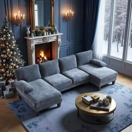 Sofa sudut berbentuk U 4 dudukan warna biru laut, dilengkapi dua chaise longue (tempat berbaring), berbahan kain corduroy (beludru garis), furnitur ruang tamu kustom.