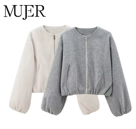 MUJER 2025 Jaket Penerbang Wanita Fleece Jaket Olahraga Wanita dengan Ritsleting Lembut Jaket Pendek Lengan Panjang Jaket Wanita