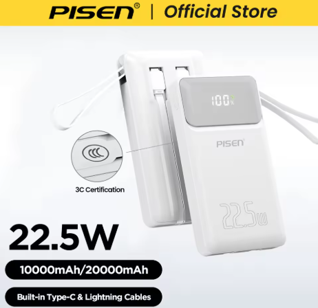 PISEN 3C Sertifikasi 22.5W Power Bank 10000mAh/20000mAh dengan Kabel Type-C/L Terintegrasi, Mendukung Pengisian Cepat untuk iPhone dan Ponsel Samsung