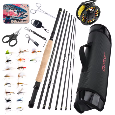 Goture 2.7m Set Pancing Fly dan Reel, Pegangan Kork Karbon, Batang Pancing Fly dengan Aksi Sedang Cepat, Termasuk Reel Fly, Tali Pancing, dan Aksesori Alat