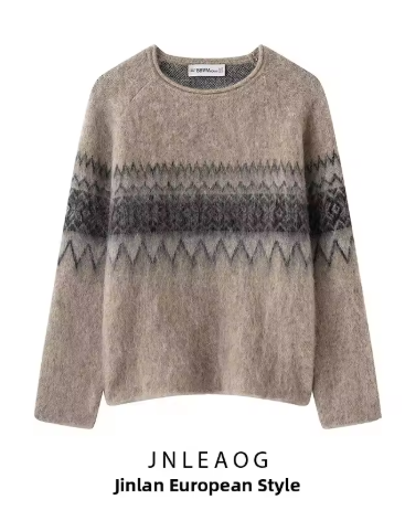 Sweater Rajut Fashion Warna Kontras, Model Baru Musim Gugur, Kemeja Rajut Wanita Lengan Panjang dengan Pola Geometris dari Poliester