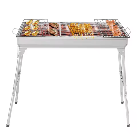 Pemanggang Arang Lipat Portabel Stainless Steel, Dilengkapi dengan Rak Pemanggang, Pemanggang Outdoor Besar, Cocok untuk Memasak, Berkemah, Hiking, dan Piknik