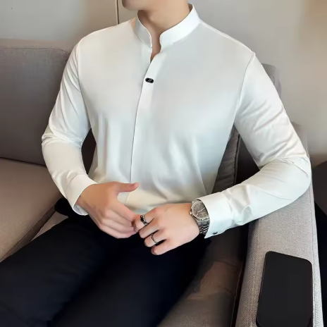 T-shirt Kerah Klasik Pria dengan Stretch Tanpa Jahitan, Model Slim Fit Berwarna Coklat, Polo Lengan Panjang Gaya Tiongkok Terbaru